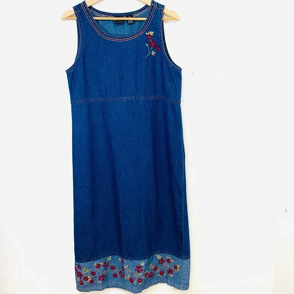 Vintage Erika Denim Midi Dress Jumper SP Floral Embroidery Cottagecore Boho